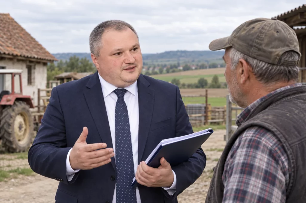 Lucian Purdea discutând cu un fermier despre o decizie administrativă