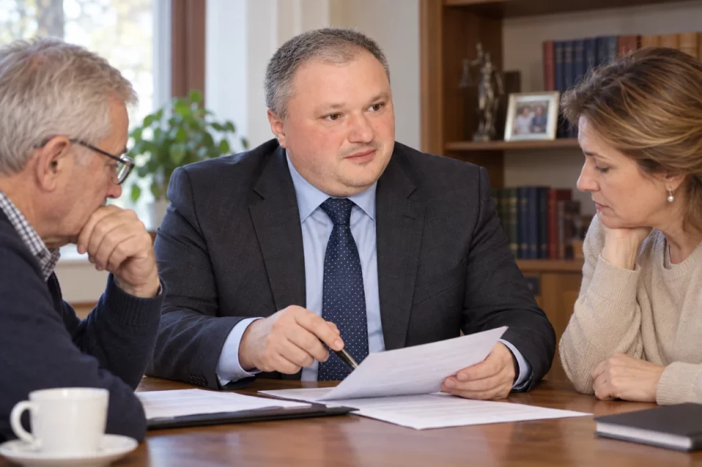 Lucian Purdea analizând documente de succesiune cu o familie