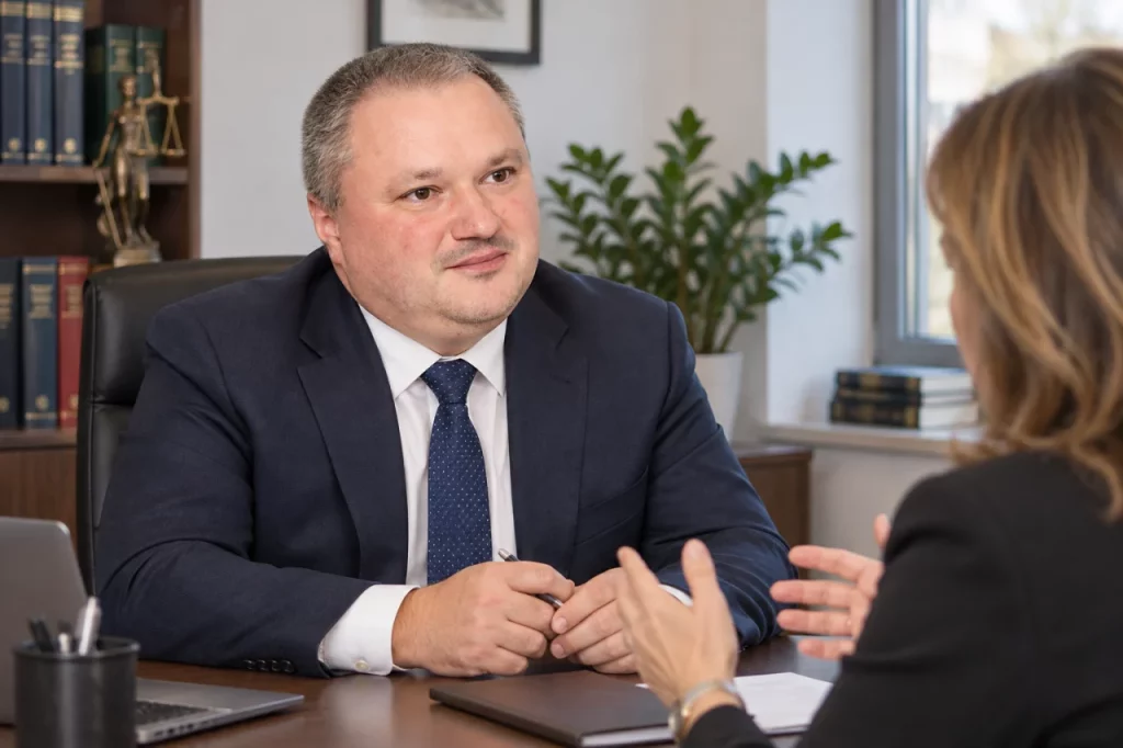 Lucian Purdea discutând cu o antreprenoare în cabinet