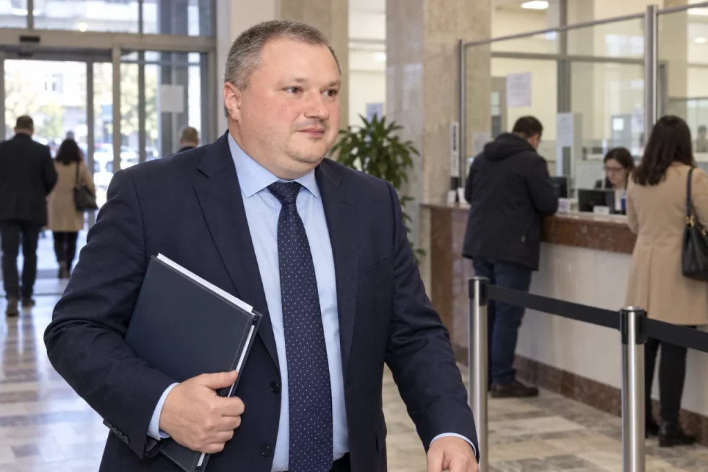 Lucian Purdea cu un dosar într-un hol administrativ