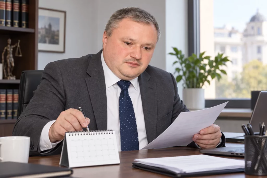 Lucian Purdea verificând documente și termene la birou