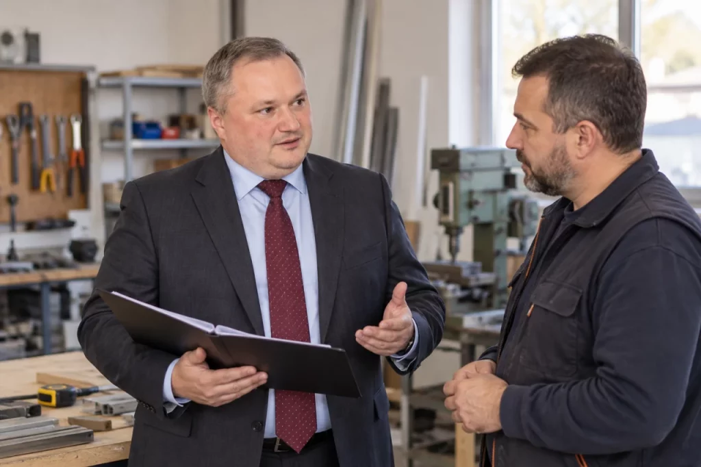 Lucian Purdea discutând activitățile unei firme la sediul acesteia