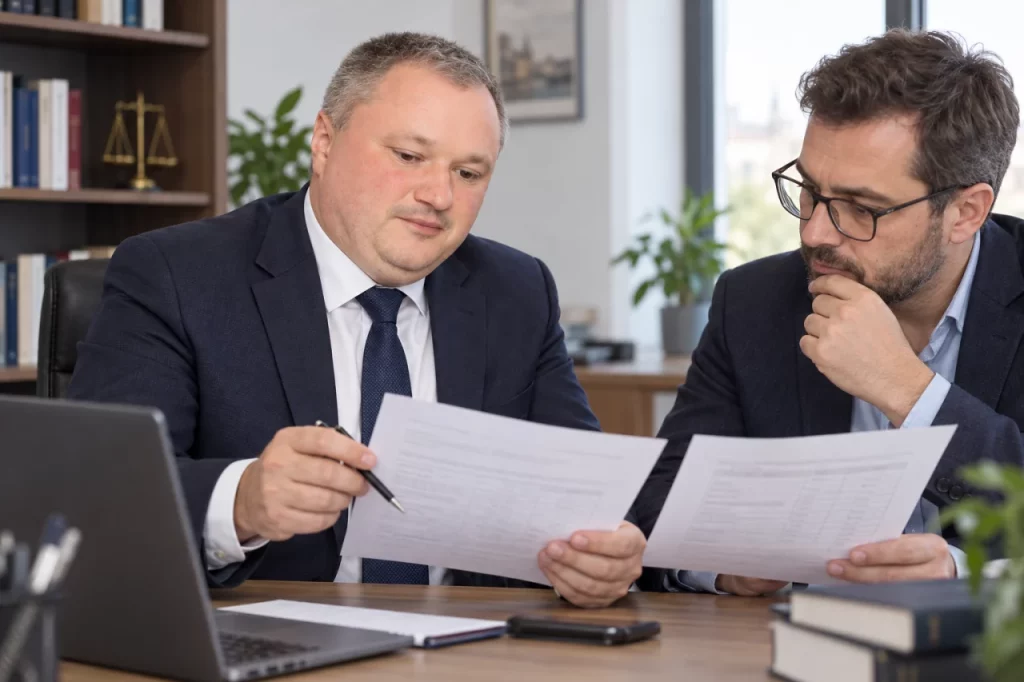 Lucian Purdea comparând documentele CAEN cu un antreprenor
