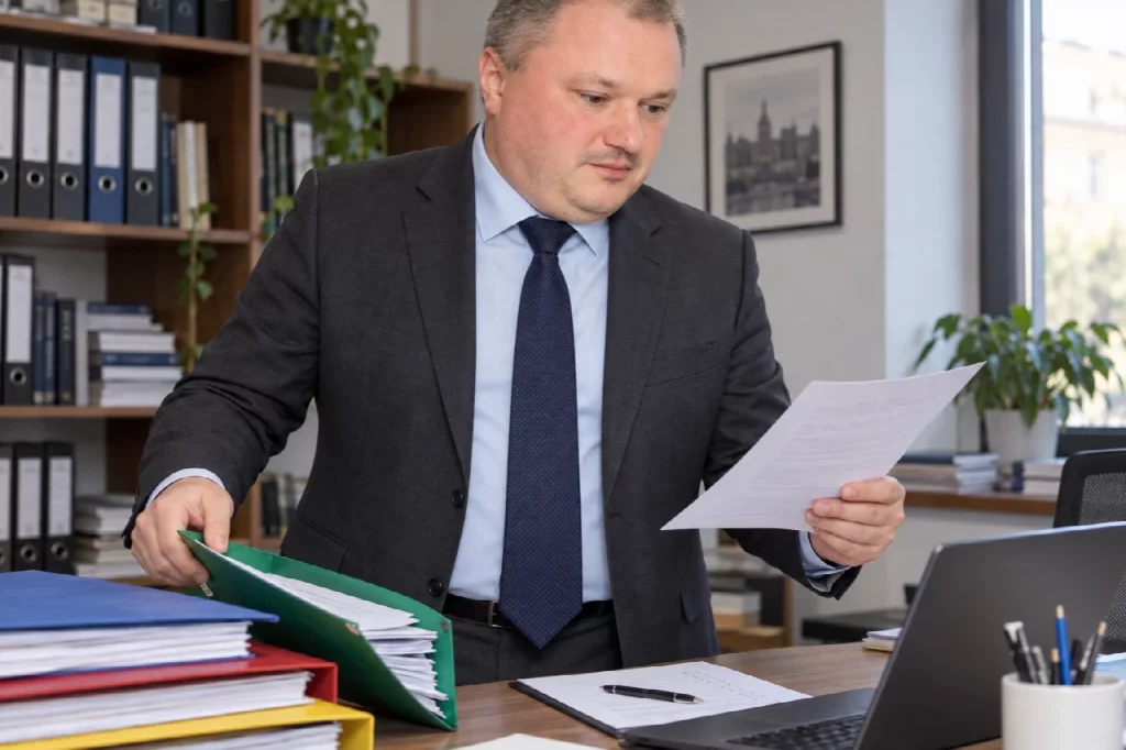 Lucian Purdea verificând dosarele și documentele juridice ale unei firme