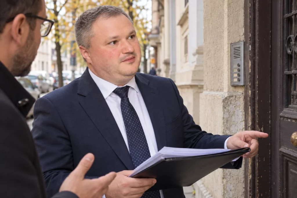 Lucian Purdea discutând cu un antreprenor în fața sediului unei firme