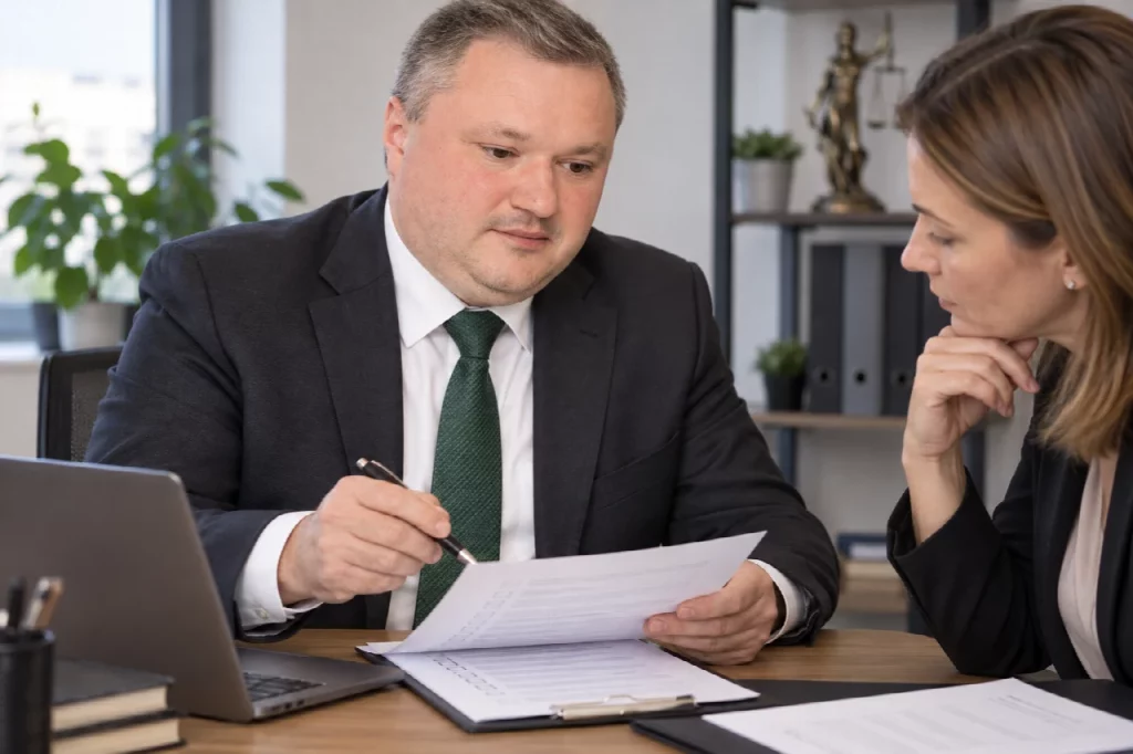 Lucian Purdea analizând documentele pentru înființarea unei firme cu o antreprenoare