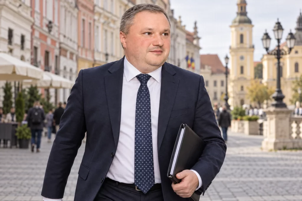 Lucian Purdea în costum, cu un dosar, pe o stradă din centrul Timișoarei